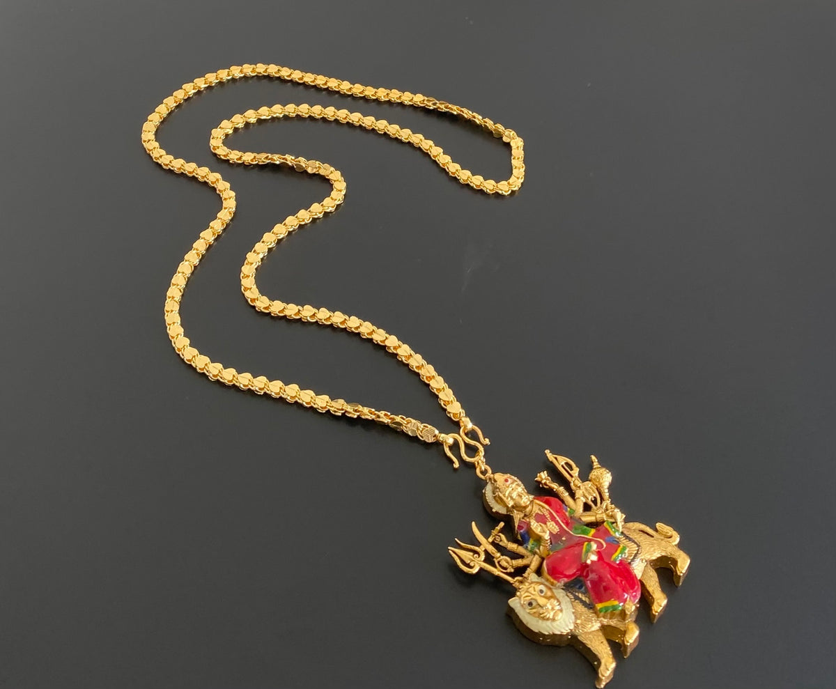 Gold tone 24 inches chain with red meenakari ma durga pendant dj-55018