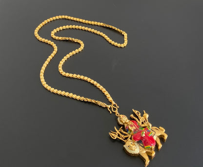 Gold tone 24 inches chain with red meenakari ma durga pendant dj-55018