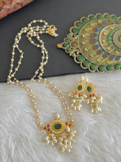 Gold tone Ruby-Green Gutta pusalu Pearl Chain Set dj-52107