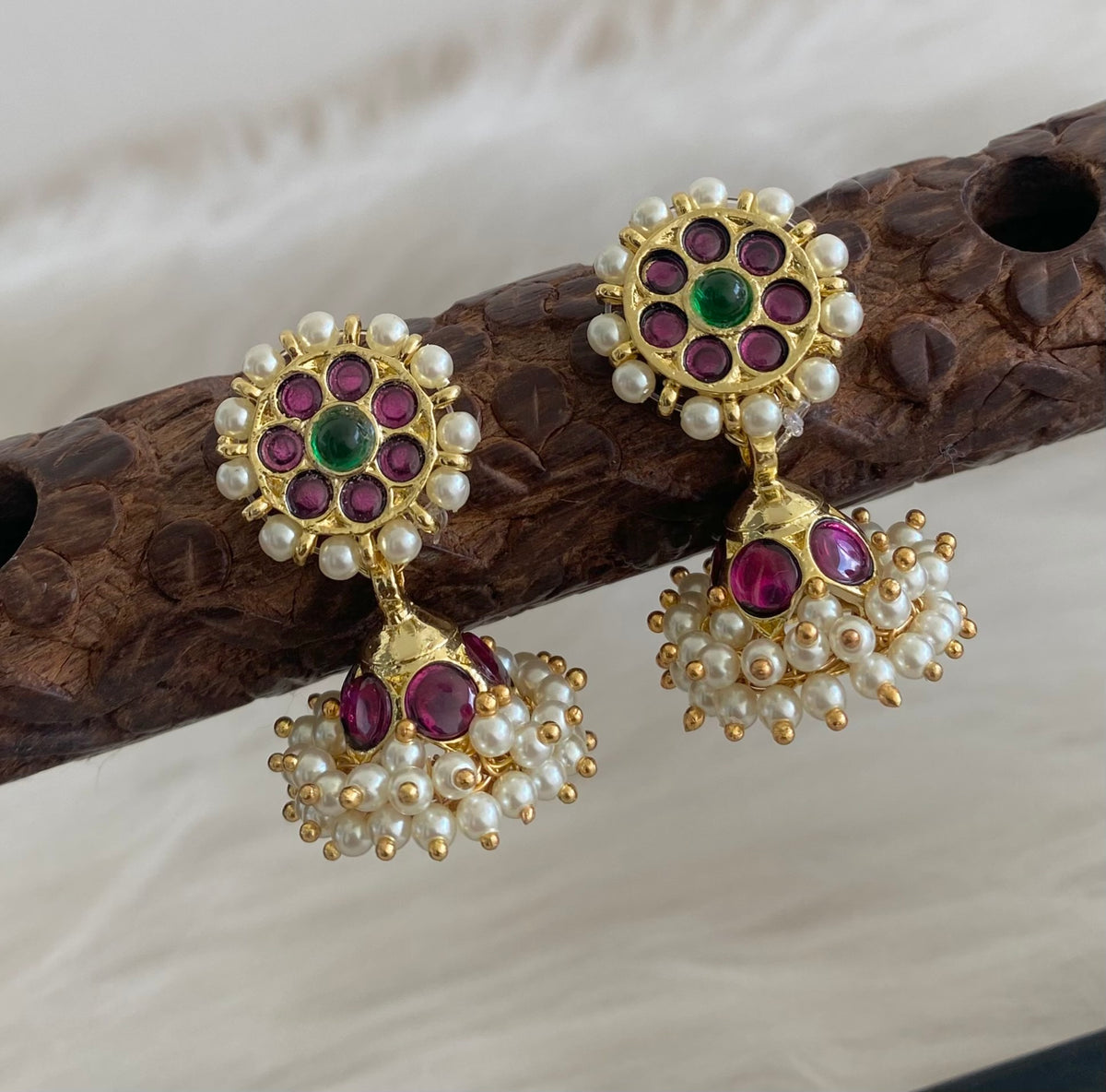 Gold tone precious kemp-green pearl screw back jhumkka -dj14753