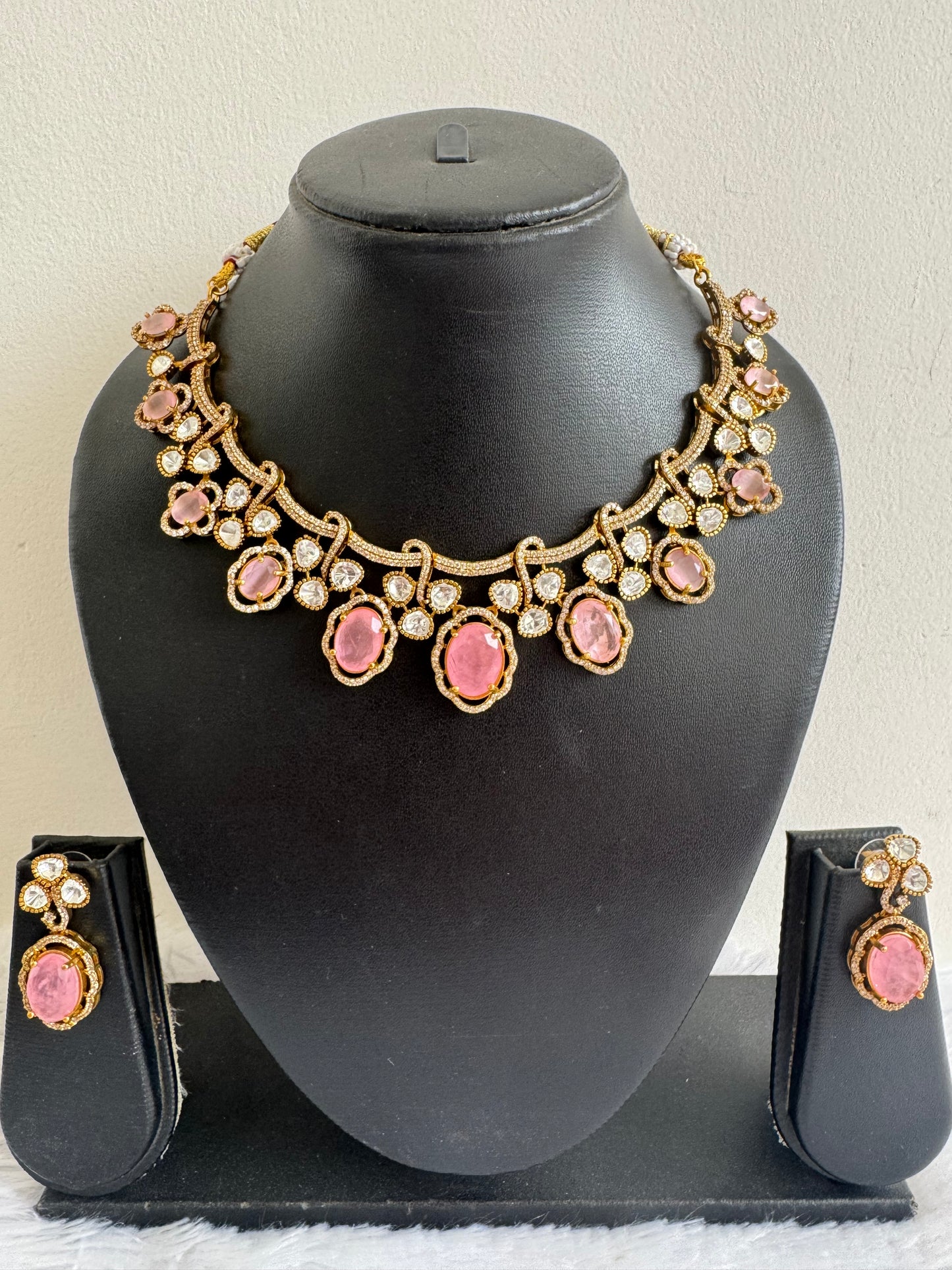 Antique gold tone cz baby pink moissanite necklace set dj-51070