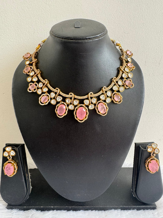 Antique gold tone cz baby pink moissanite necklace set dj-51070