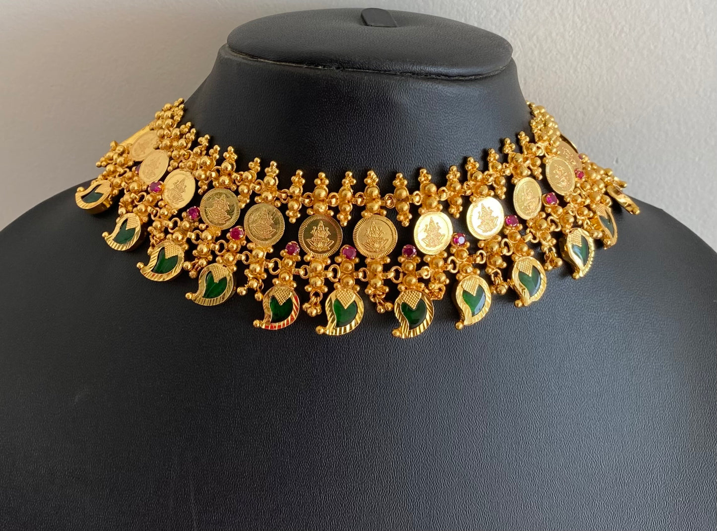 Gold tone kerala style mango lakshmi coin double layer choker necklace dj-54133