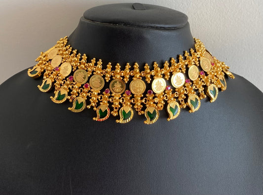Gold tone kerala style mango lakshmi coin double layer choker necklace dj-54133
