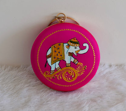 Tanjore painted pink silk clutch dj-52651