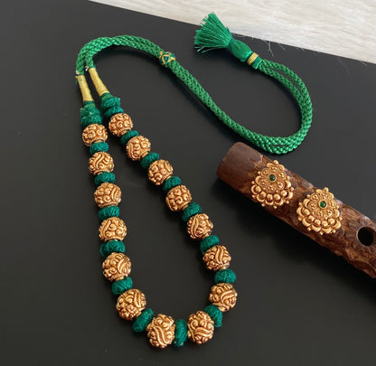 Antique gold tone green thread nakshi beaded necklace set dj-54953