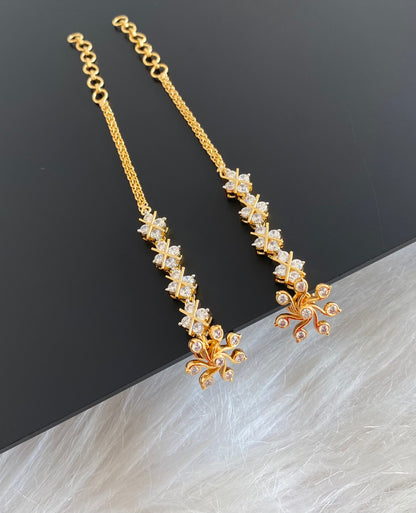 Gold tone white stone earrings with ear side chain dj-55059