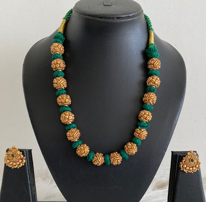 Antique gold tone green thread nakshi beaded necklace set dj-54953
