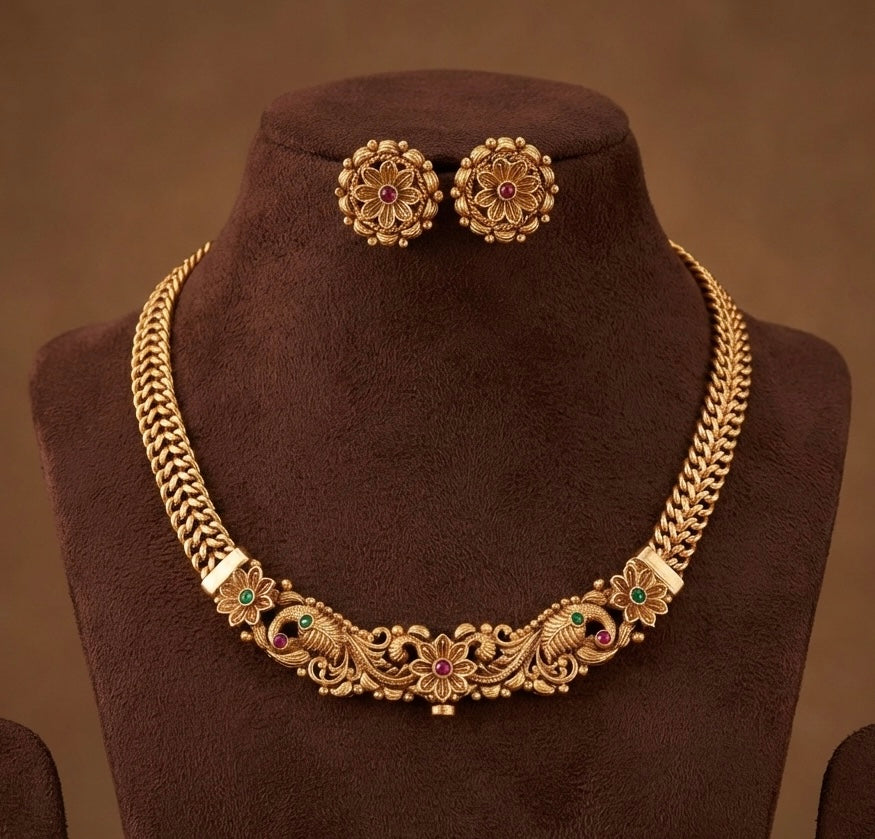 Antique gold tone kemp-green peacock front lock screw necklace set dj-52701