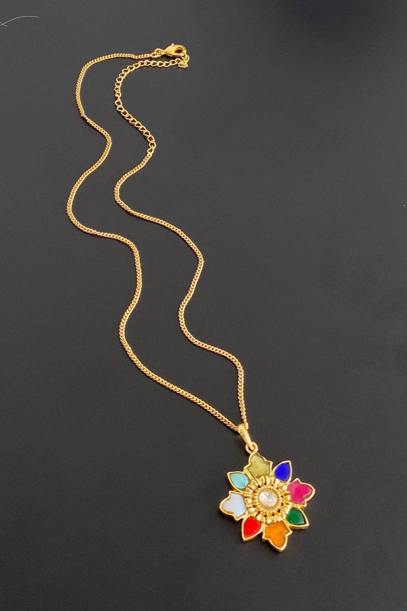 Gold tone navarathna flower kundan jadau chain with pendant dj-54501