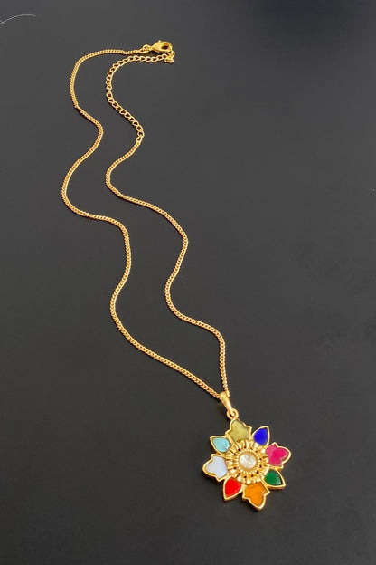 Gold tone navarathna flower kundan jadau chain with pendant dj-54501