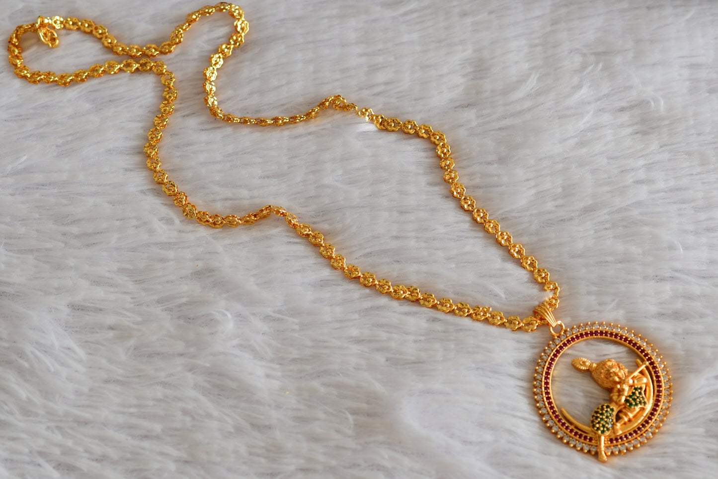 Gold tone 24 inches chain with ruby-green-white krishna round pendant dj-51917