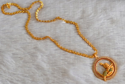 Gold tone 24 inches chain with ruby-green-white krishna round pendant dj-51917