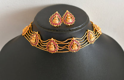 Gold tone AD pink lakshmi choker necklace set dj-51847