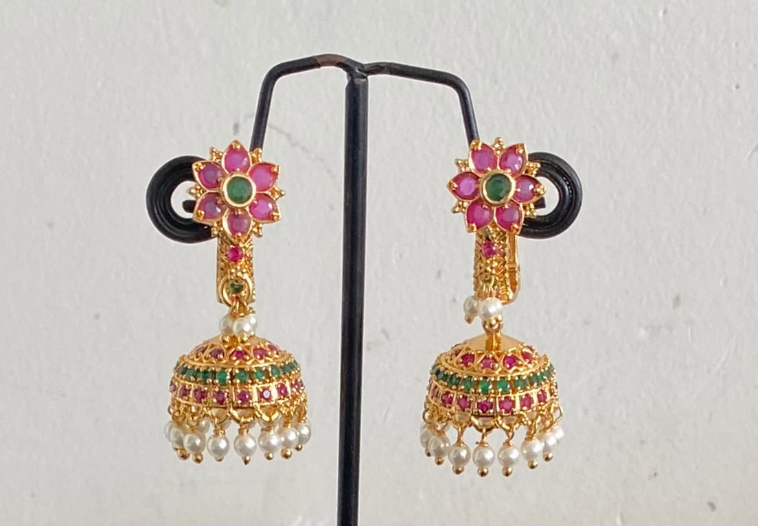 Gold Tone Cz Pink-green Flower Jhumkka DJ29966