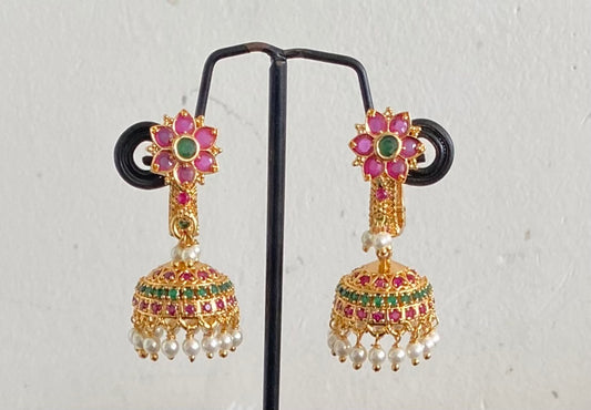 Gold Tone Cz Pink-green Flower Jhumkka DJ29966