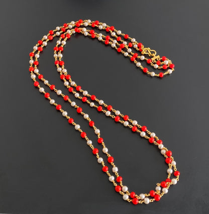 Gold tone double layer coral-pearl chain dj-54977