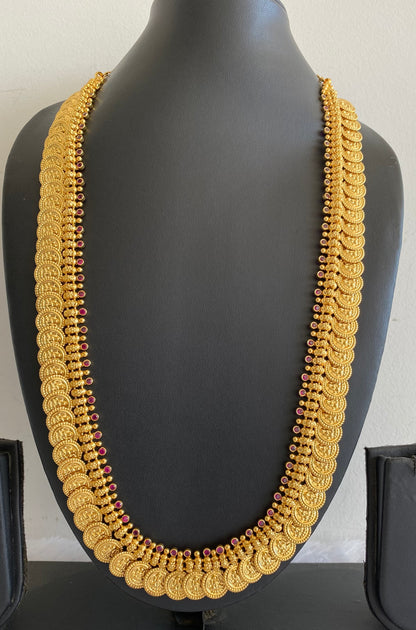 Gold tone pink stone lakshmi coin haar dj-53175