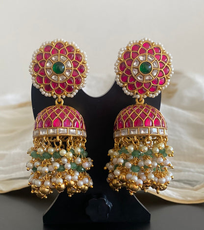 Gold tone pink-white kundan jadau green beaded pearl big jhumkka dj-55100