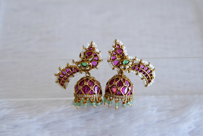 Antique gold tone cz kemp-green peacock jhumkka dj-52551