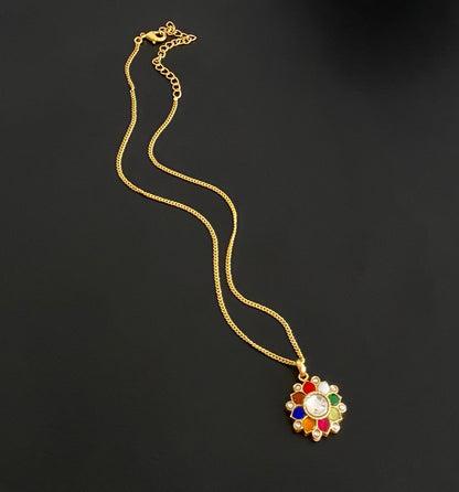 Gold tone navarathna flower kundan jadau chain with pendant dj-54503