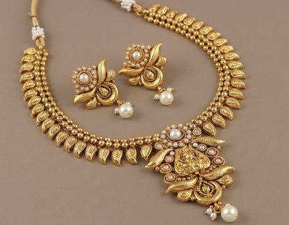 Antique gold tone pearl lakshmi necklace set-dj07498