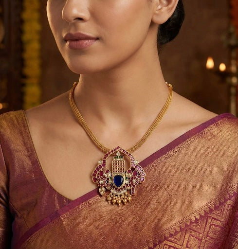 Matte finish kemp-green-white-blue thirumal necklace dj-48493