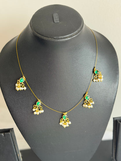 Gold tone pink-green kundan jadau reversible invisible necklace dj-51548