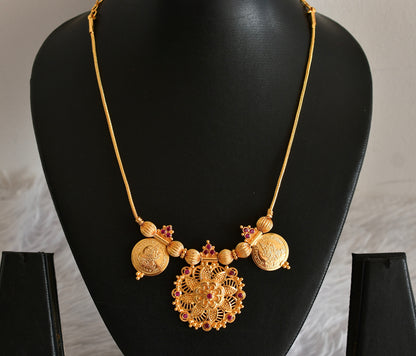 Gold tone AD pink flower lakshmi coin necklace dj-51843