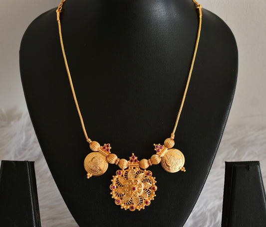 Gold tone AD pink flower lakshmi coin necklace dj-51843