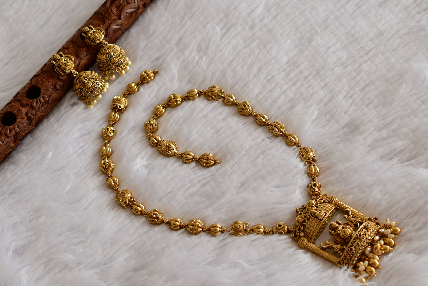 Antique gold tone pink-green lakshmi peacock haar set dj-52433