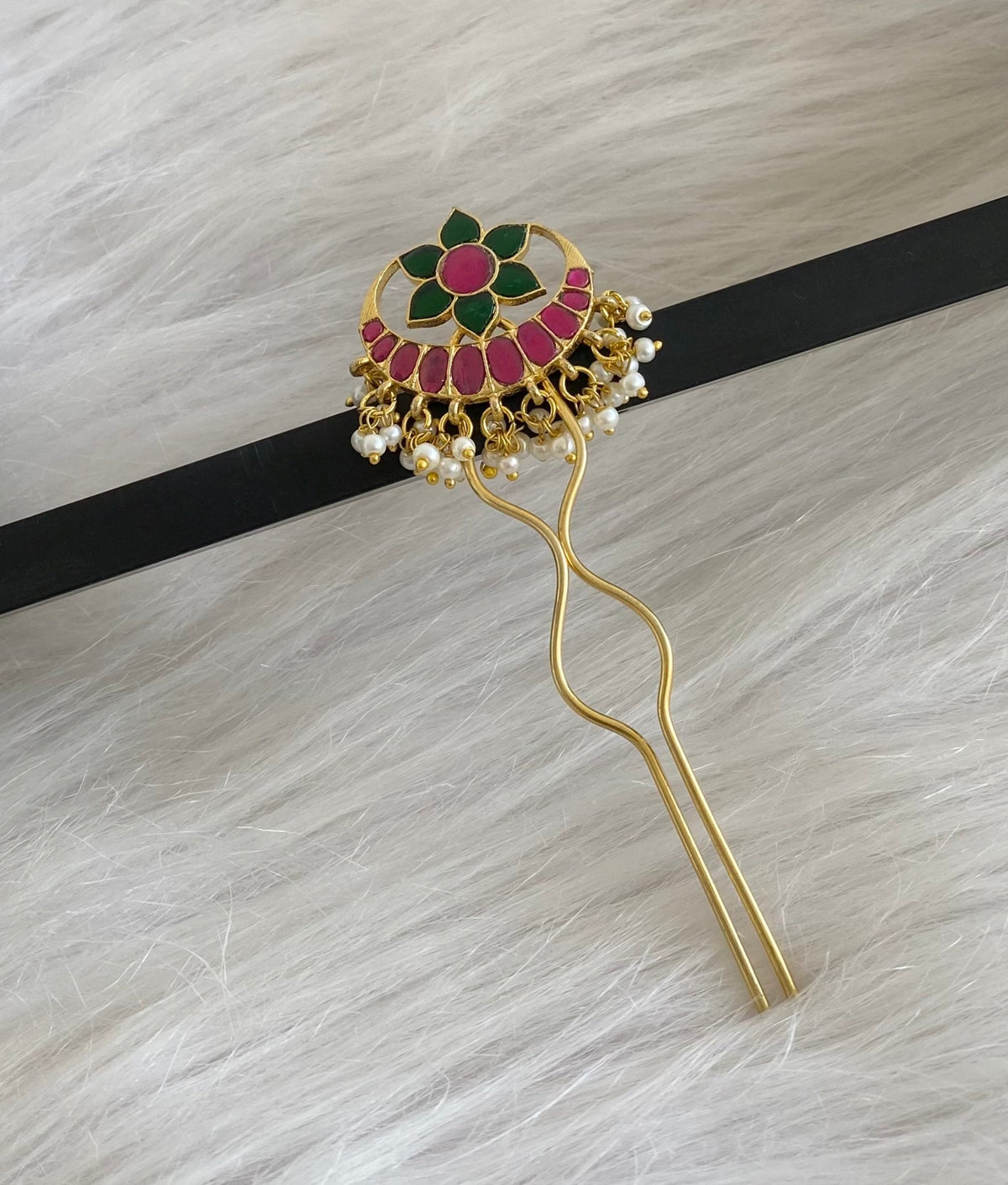 Gold tone kundan jadau kemp-green pearl moon flower hair jewel/pin dj-55065