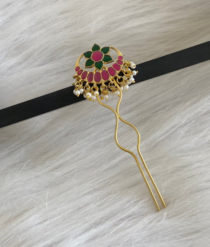 Gold tone kundan jadau kemp-green pearl moon flower hair jewel/pin dj-55065