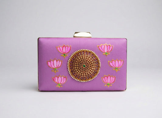 Tanjore painted purple silk clutch dj-52656