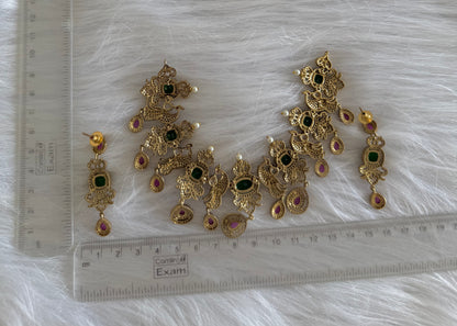 Antique gold tone cz bottle green-pink peacock necklace set dj-51201