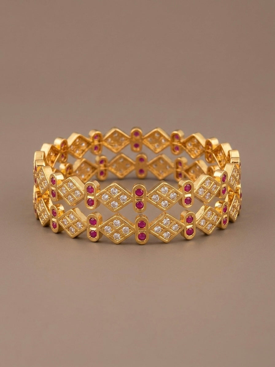 Gold tone AD pink-white bangles(2.6) Dj-53288