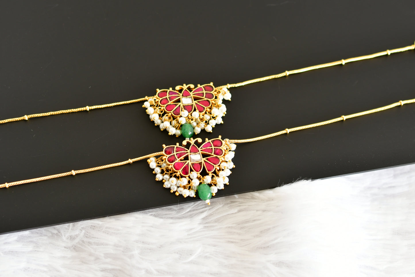 Gold tone pink-green pearl butterfly kundan jadau anklets dj-52388