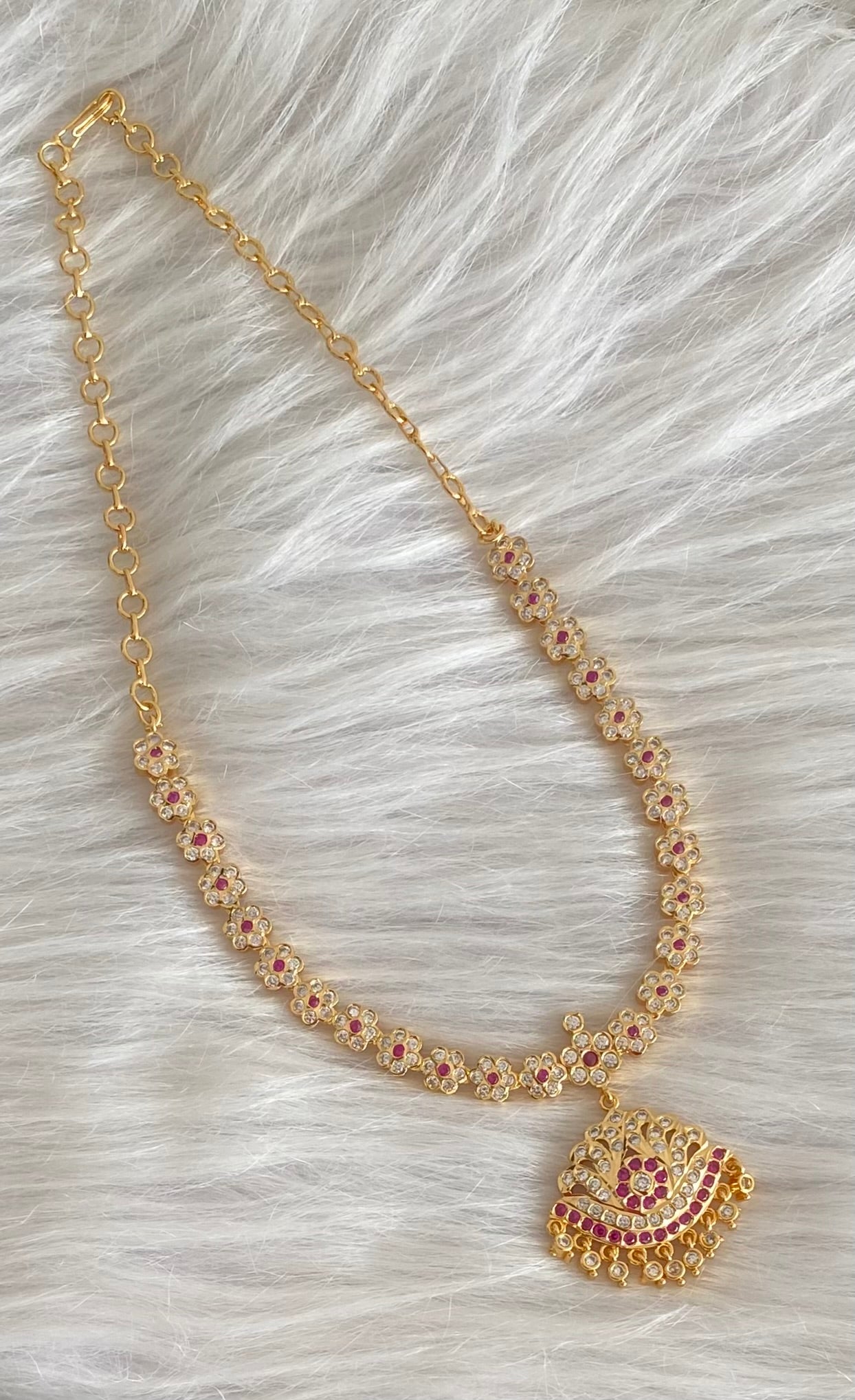 Gold tone AD white-pink stone south Indian flower necklace dj-54207