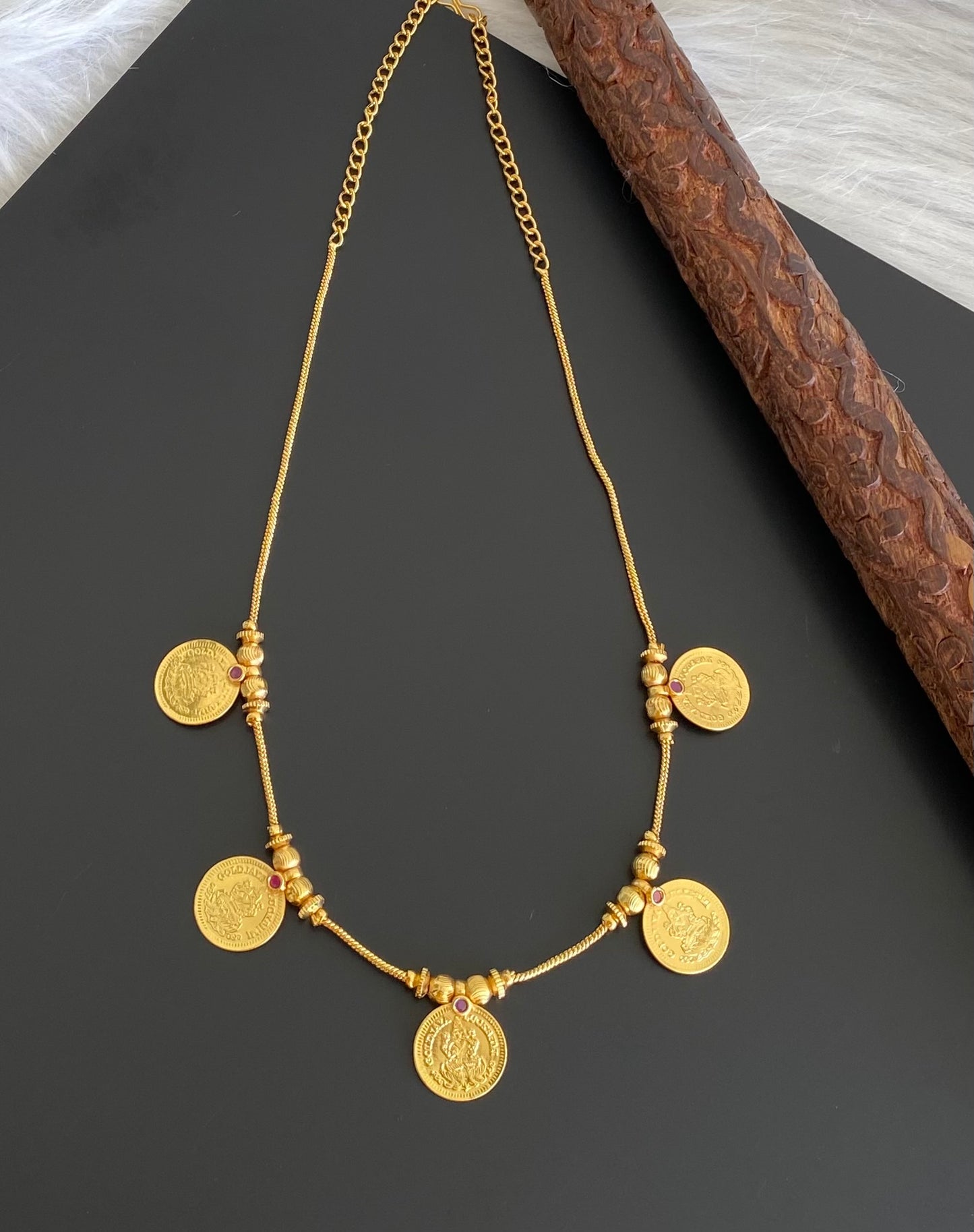 Gold tone pink stone lakshmi coin necklace dj-54147