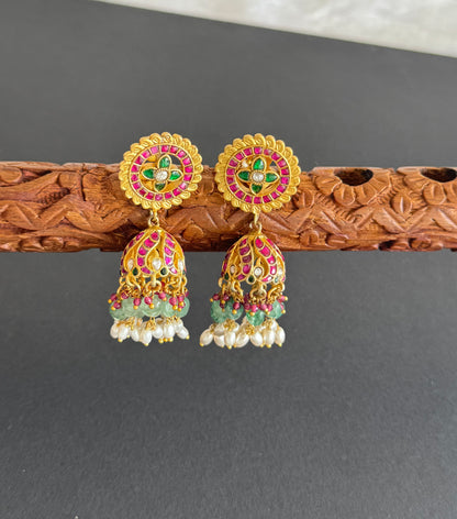Gold tone pink-green-white kundan jadau flower green beaded jhumkka dj-51505
