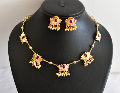 Gold tone white-pink lotus pearl necklace set dj-53335