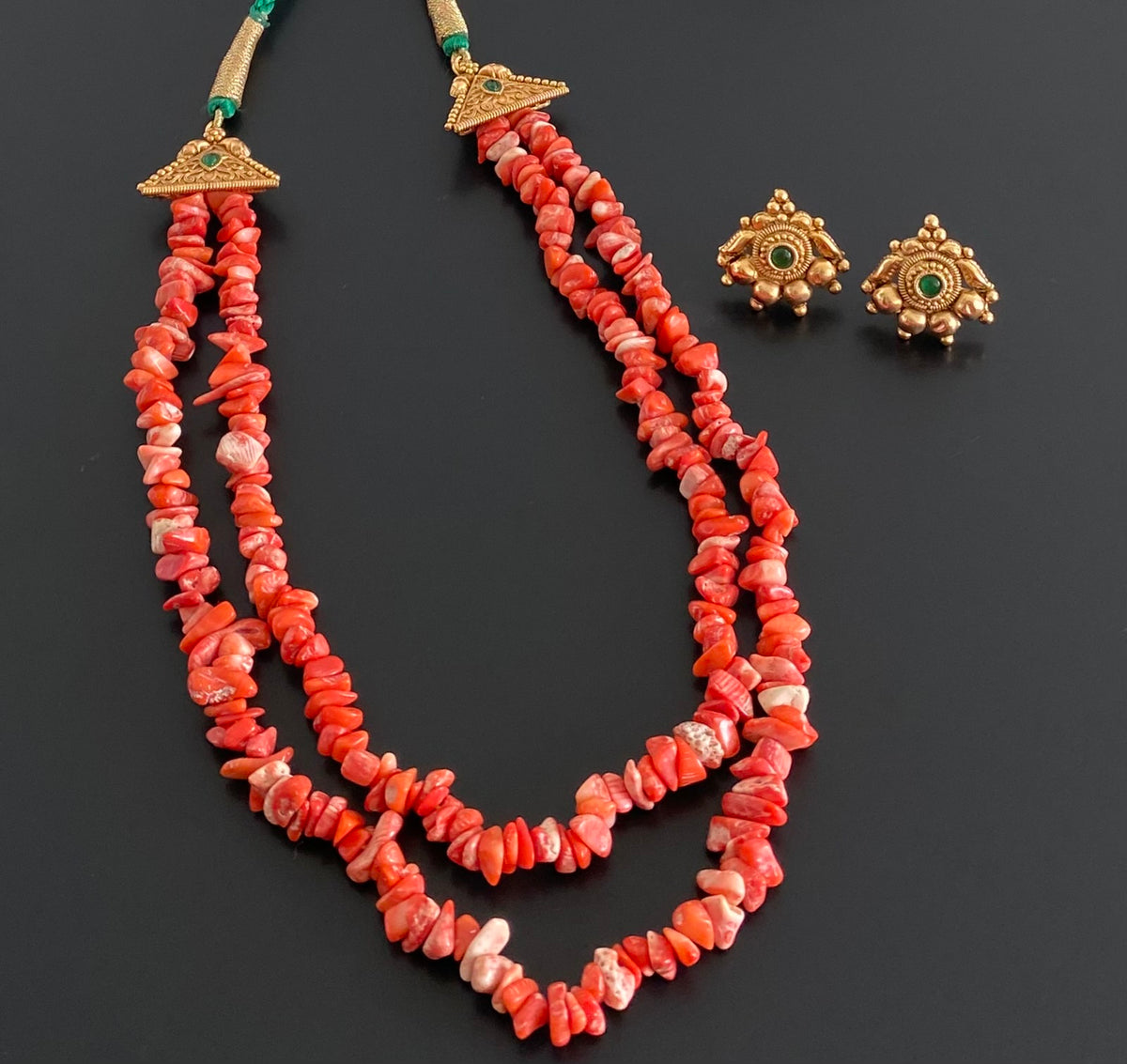 Antique gold tone coral beaded double layer necklace set dj-54967