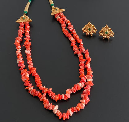 Antique gold tone coral beaded double layer necklace set dj-54967