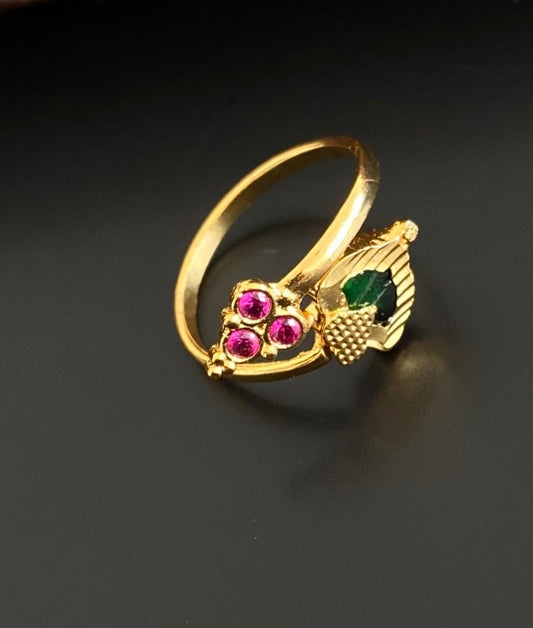 Gold tone pink stone green palakka adjustable finger ring dj-53680