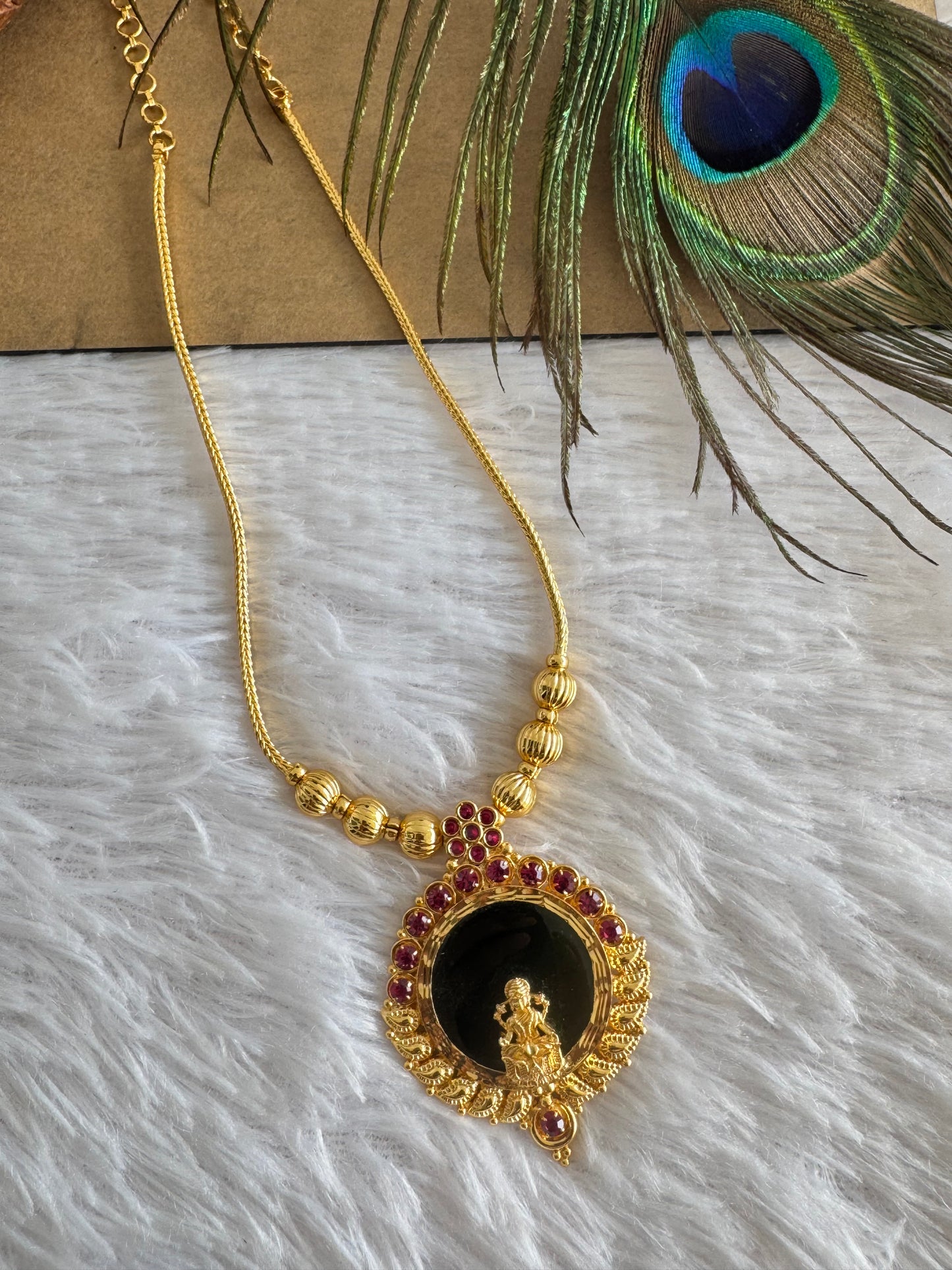 Gold tone pink-green kerala style round kodi Lakshmi necklace dj-51704