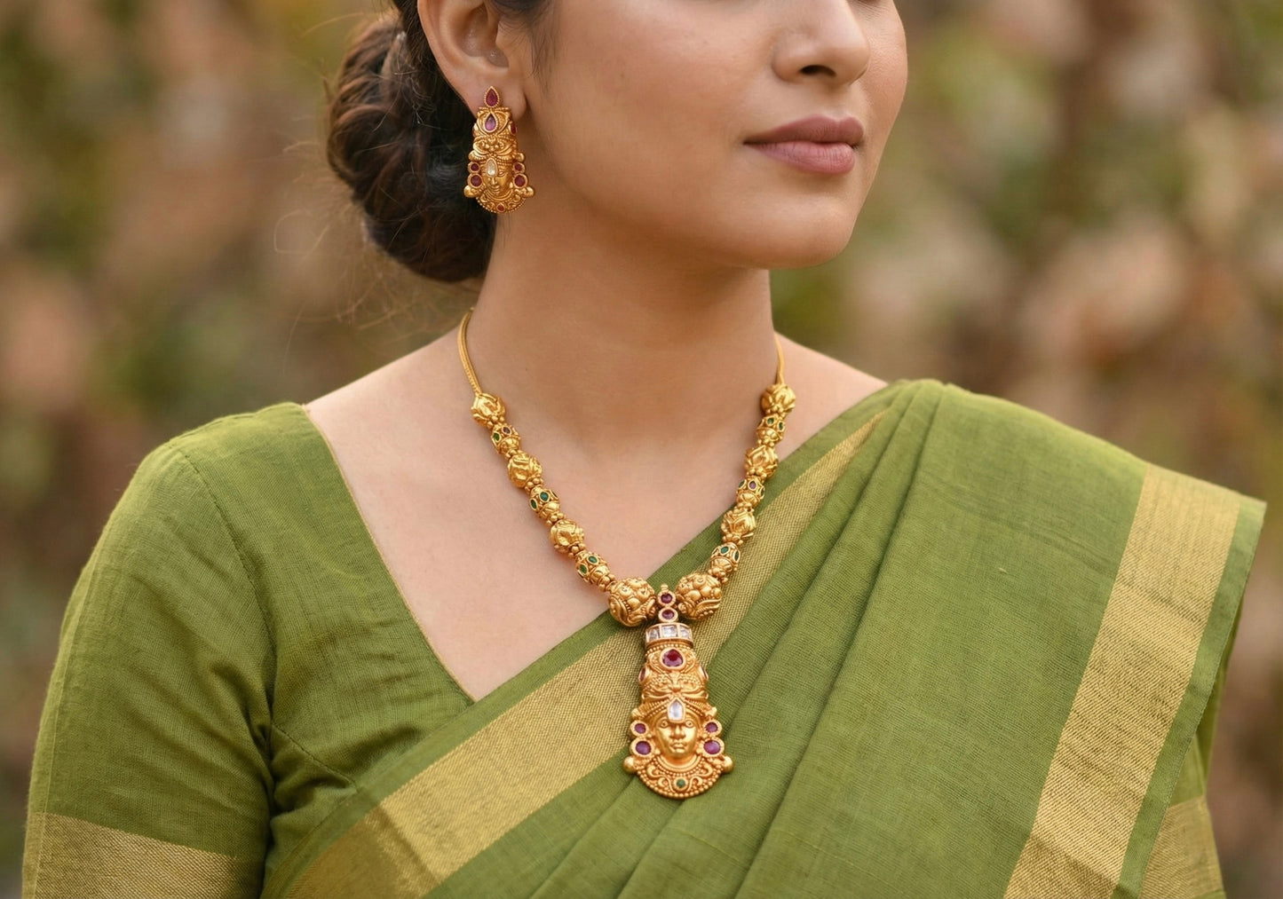 Matte finish Cz kemp-green ‎Shri Thirumal necklace set dj-39734