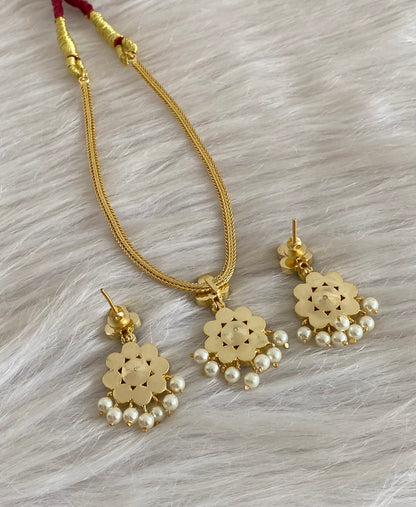 Gold tone AD cerulean blue stone pearl attigai flower necklace set dj-55140