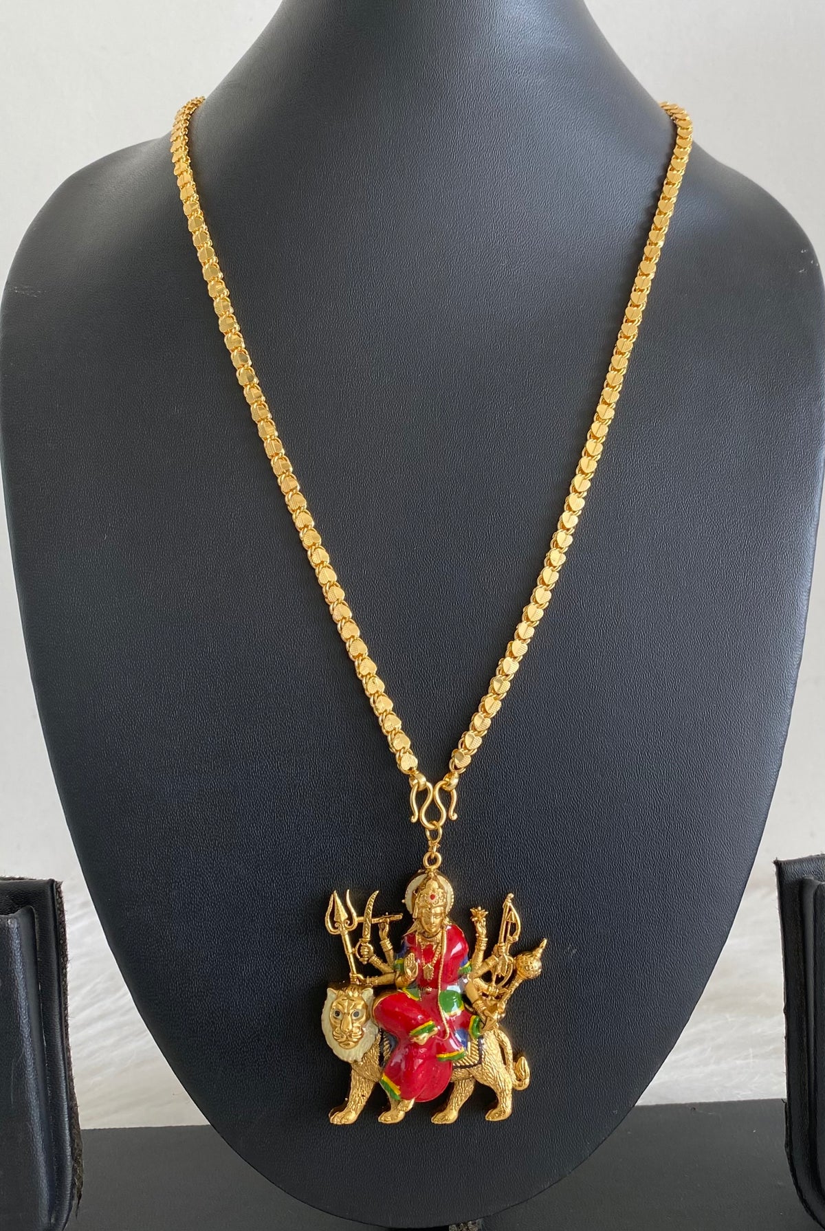Gold tone 24 inches chain with red meenakari ma durga pendant dj-55018