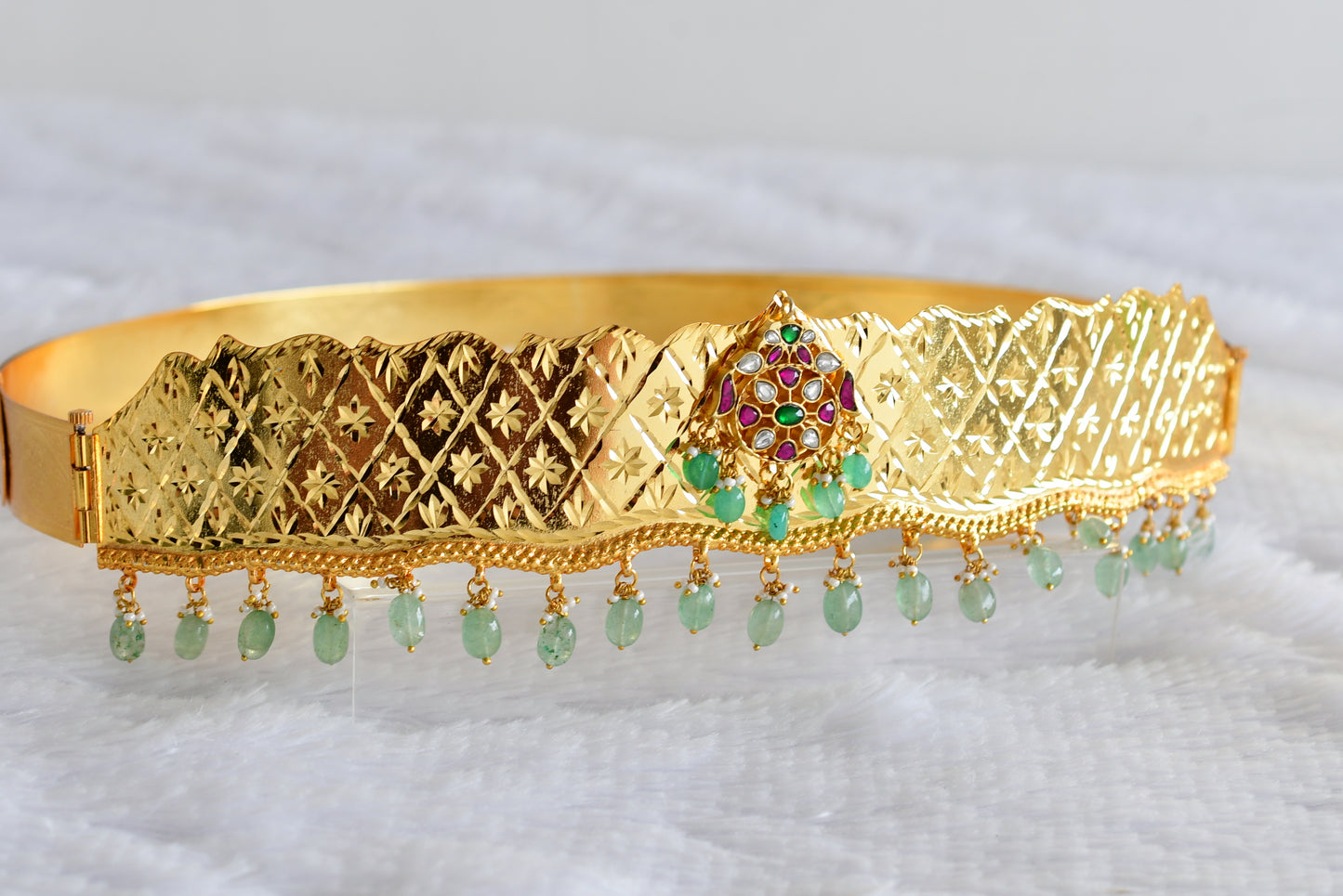 Gold tone pink-green-white kundan jadau flower waist band dj-52185