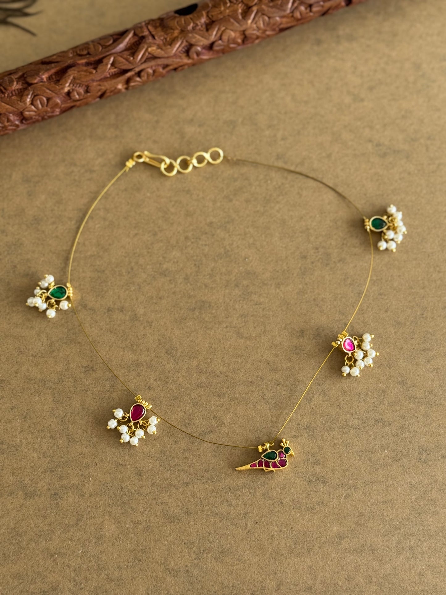 Gold tone pink-green kundan jadau bird invisible necklace dj-51547